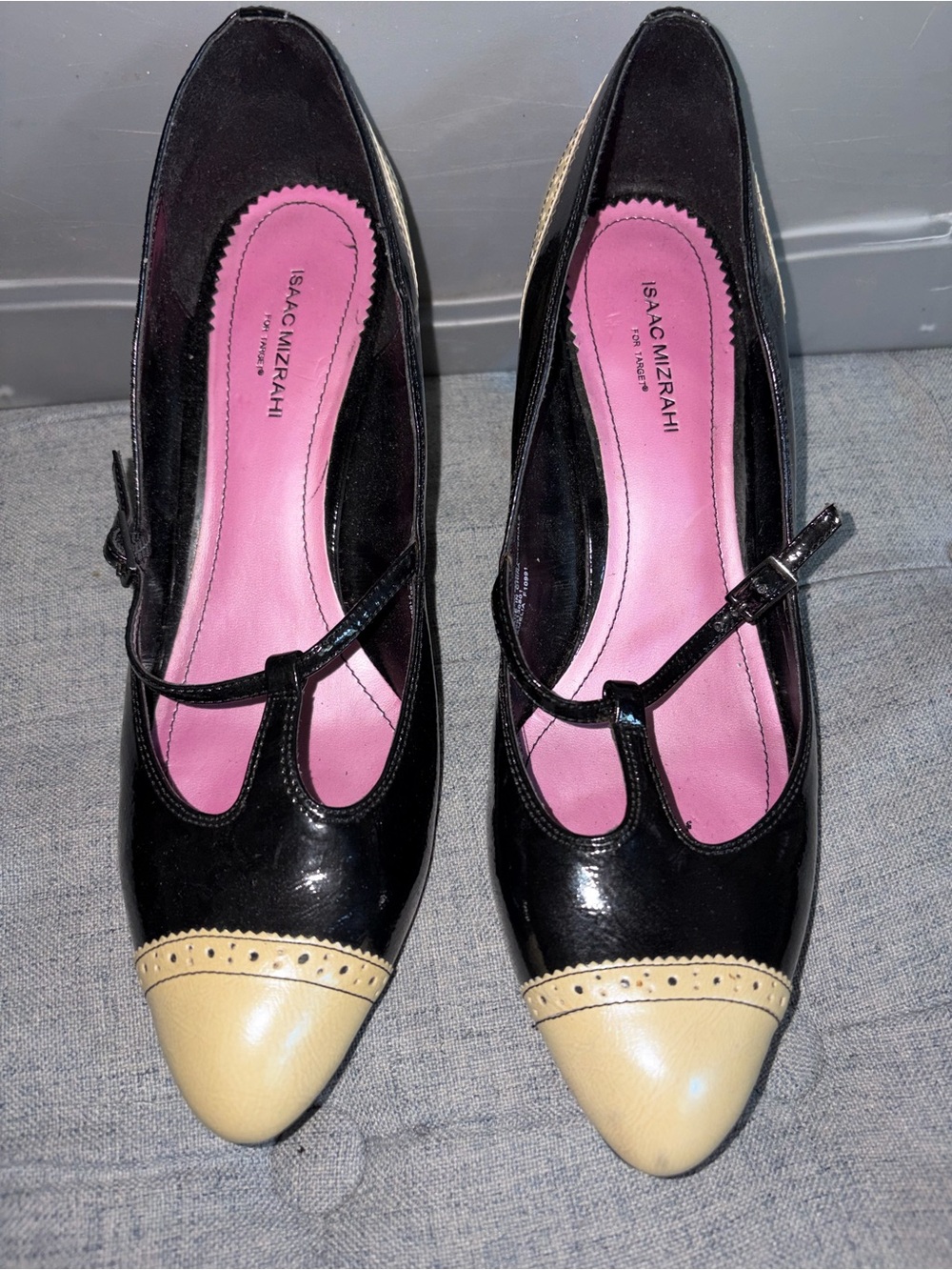 Isaac Mizrahi Women’s Two-Tone Black Patent and Cream Cap-Toe Mary Jane Pumps
